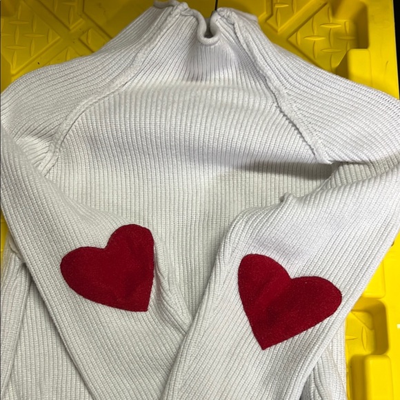 Source Unknown Sweaters - White and Red Cowl Neck Sweater with Heart Accents on elbows of sleeves